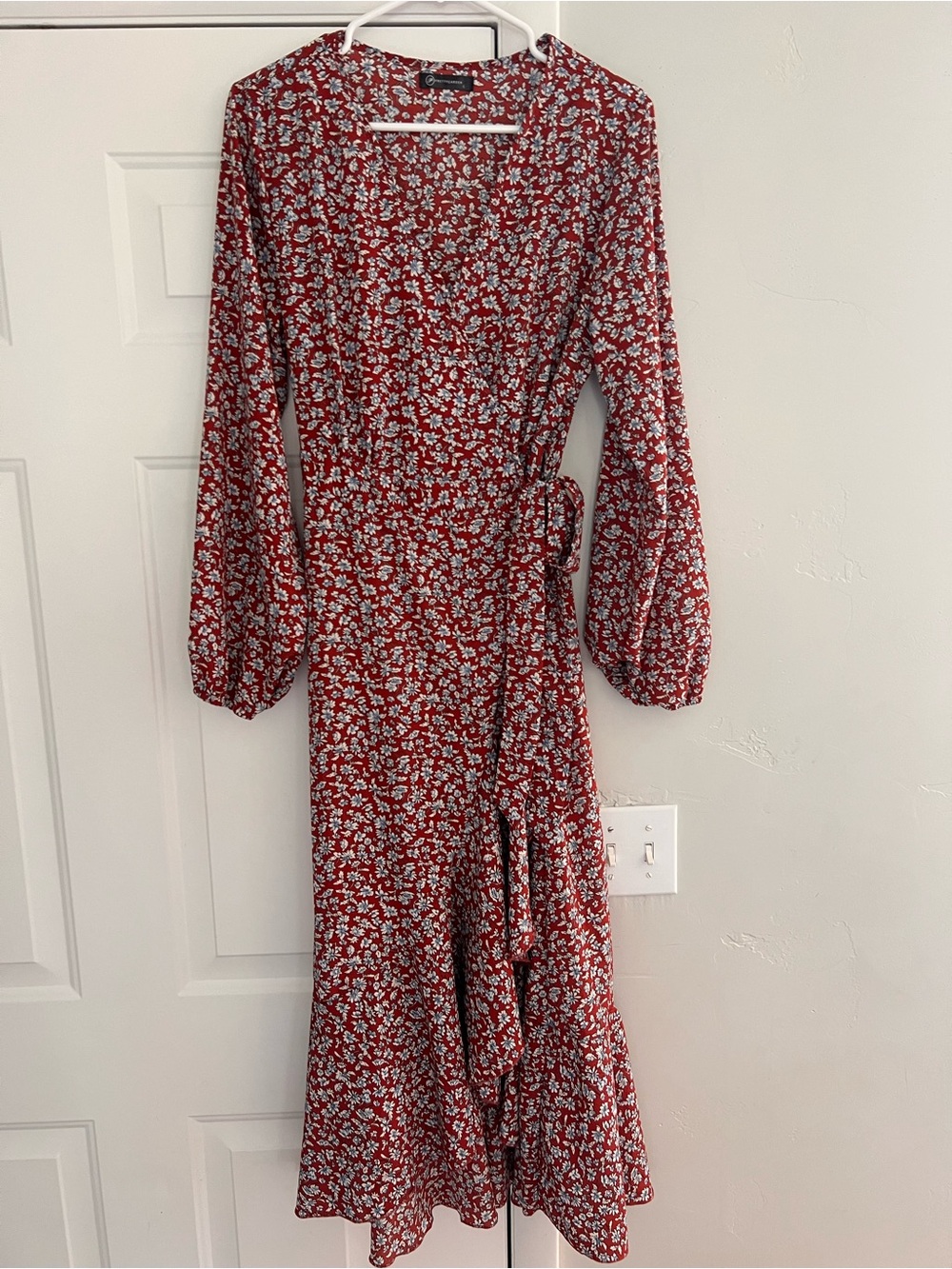 Red Floral Long-Sleeve Wrap Midi Dress with Tie Waist